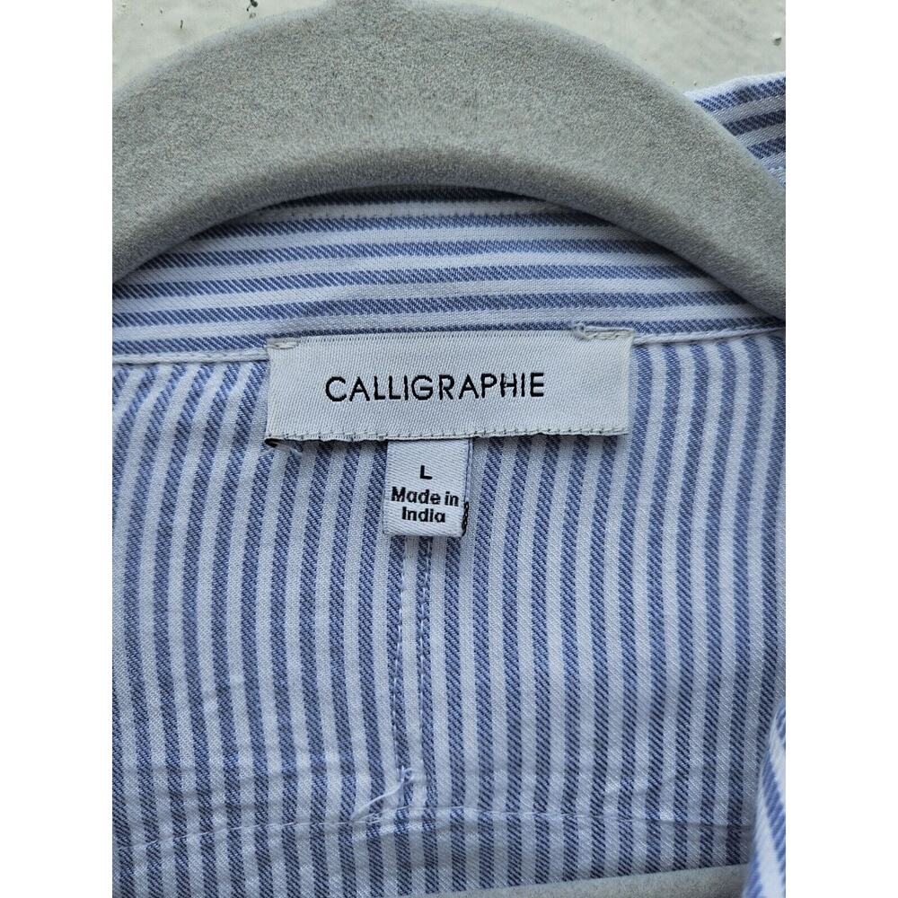 Calligraphie Anthropologie Top Large Blue White Striped Button Up Ivory Crochet - Picture 10 of 13